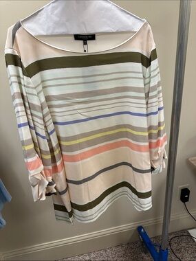 Lafayette 148 New York Cream Striped Tunic with Coral, Olive & Pastels
